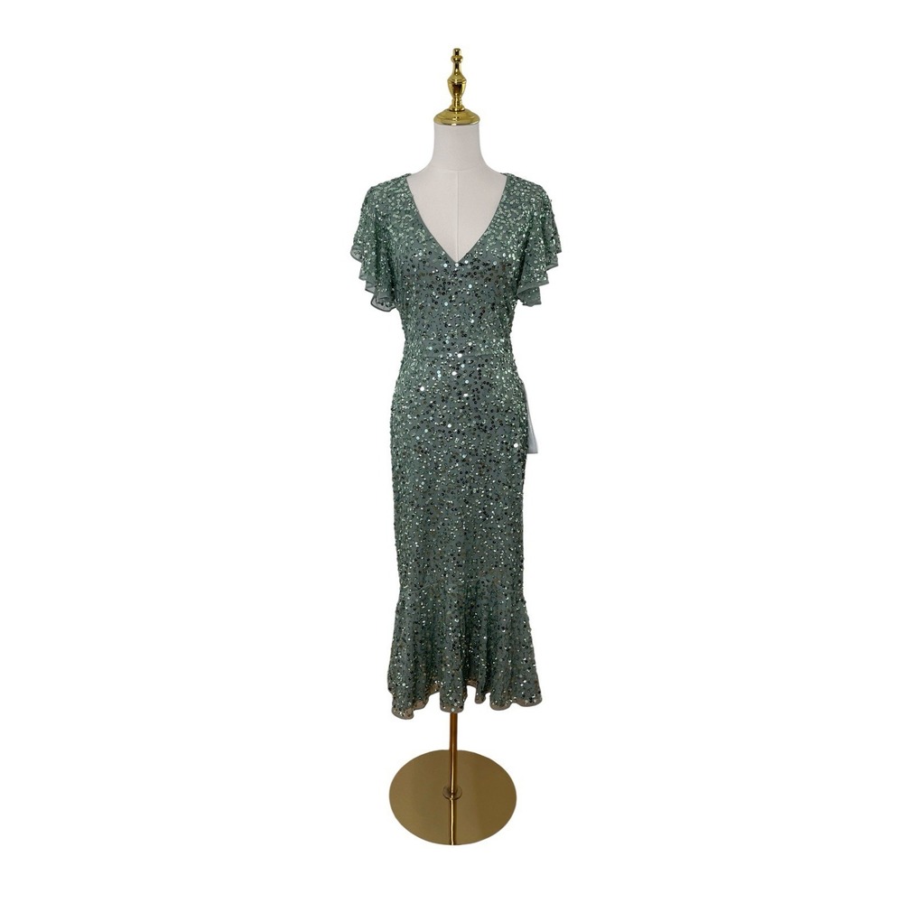 Mac‎ Duggal 10801 Sage Sequin Flutter Sleeve Midi Dress Size 4 $398 - Picture 3 of 7